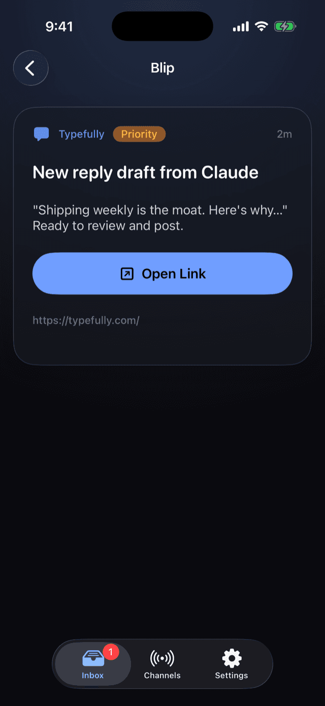 A notification sent by Claude, open in the Blip iOS app