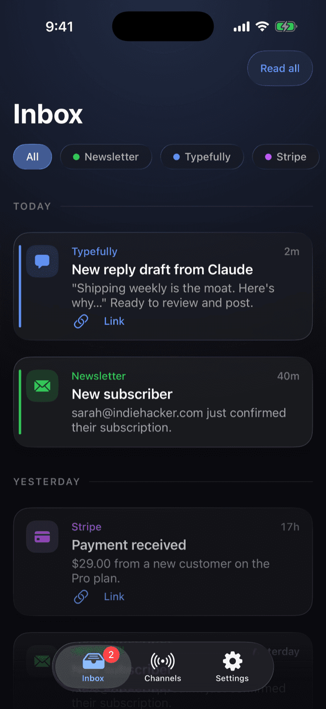 The Blip inbox on iPhone, notifications grouped by channel